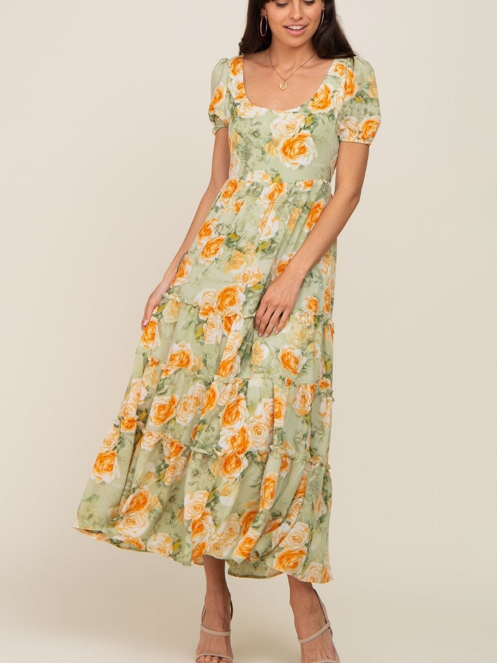In Bloom Mint Green Maxi Dress with Peach Rose Print